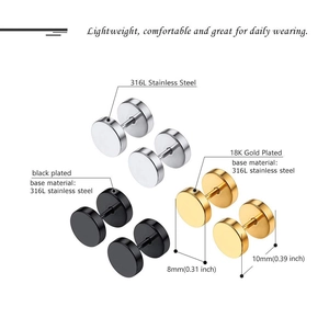 Détails des boucles d'oreilles haltères en acier 316L en finitions argent noir et or