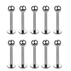 Detailset aus zehn silbernen Edelstahl-Labret-Steckern mit flacher Basis und Kugel