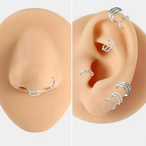 Polished stainless steel nose rings and ear cuffs in single, double, and triple hoop designs