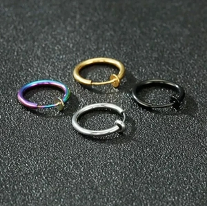 Classic stainless steel clip-on earrings set in gold, silver, black, and rainbow finishes