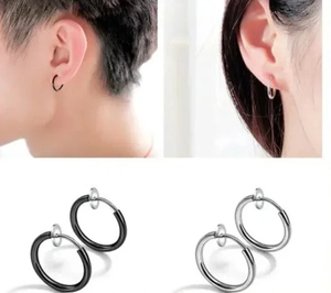 Detail view of black and silver clip-on hoop earrings for non-pierced ears in four-grid layout