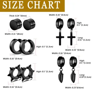 Guide des tailles détaillé pour boucles d'oreilles en acier avec pendentifs croix et plume