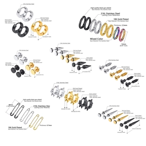 Parure de boucles d'oreilles en acier 316L avec anneaux, clous et pointes or et noir