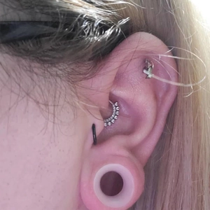 Detail von Multi-Style Silikon-Ohr-Tunneln und Edelstahl-Piercing-Set an einem Ohr