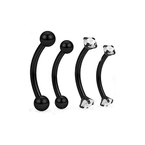 Detailed view of four black stainless steel eyebrow rings with CZ zircon and ball ends