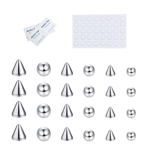 Macro view of 68-piece stainless steel fake piercing set with cones, balls, and pads