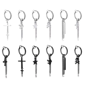 Punk Stainless Steel Dangle Earrings For Men Women Cross Skull Star Scorpion Pendant Drop Gothic Hip Hop Jewelry Ear Clips