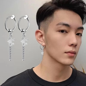 Punk style stainless steel hoop earrings featuring silver pendants and chain tassels