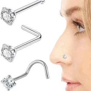 Dreiteiliges Nasenstecker-Set aus Edelstahl mit klaren Kristallen und Tragebeispiel