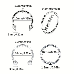 Lot de 4 anneaux de piercing en acier inoxydable comprenant fer à cheval et CBR