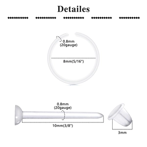 Set of 12 clear acrylic nose rings and studs 20G with 8mm inner diameter dimensions