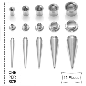 15-piece stainless steel ear stretching kit with tapers and single flare tunnels set
