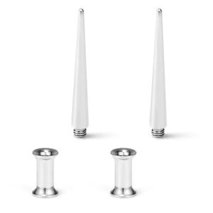 Detail of 4-piece stainless steel ear stretching kit with white tapers and silver tunnels