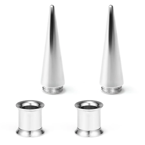 Detail of stainless steel ear stretching kit featuring threaded tapers and tunnels