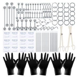 Kit de Piercing Corporel en Acier Inoxydable Outil Professionnel Aiguilles Tampons Alcool Gants Pinces Pour Nombril Langue Nez