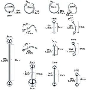 Tableau des tailles pour kit de piercing 120 pièces en acier avec diverses dimensions