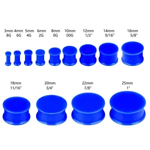 Größentabelle für Silikon-Ohrstecker von 3 mm bis 25 mm in blauem, doppeltem Flare-Design