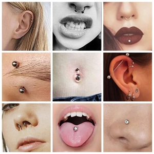 Vue détaillée de bijoux de piercing en acier inoxydable portés sur diverses zones du corps