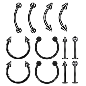 Set di 10 piercing in acciaio inossidabile nero con ferri di cavallo e barre per sopracciglia