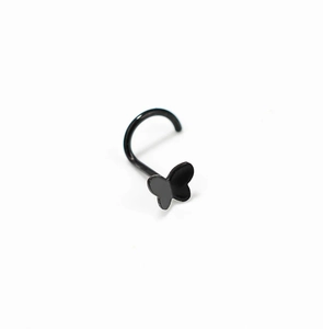 Macro detail of black butterfly nose stud in polished stainless steel L-shaped piercing