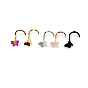 Set of five stainless steel butterfly nose rings in gold, silver, rose gold, black, and rainbow