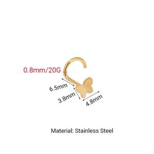 Golden stainless steel butterfly nose stud with curved post and dimensions marking
