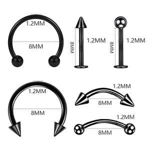 Set piercing nero in acciaio inossidabile da 1,2mm con anelli a ferro di cavallo e barre