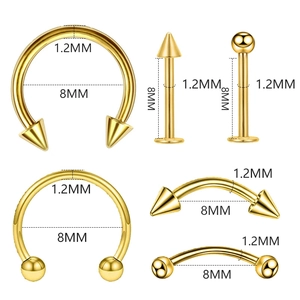 Tabella taglie dettagliata per piercing a ferro di cavallo e labret in acciaio dorato 1,2mm