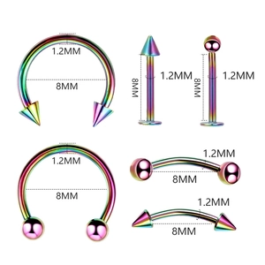 Dettaglio set piercing in acciaio inossidabile arcobaleno con misure 1,2mm per 8mm