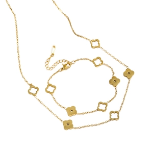 Elegante conjunto de collar y pulsera de trébol en acero inoxidable chapado en oro