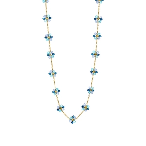 Collar de cadena dorada bohemio con flores de cuentas de vidrio azules mixtas