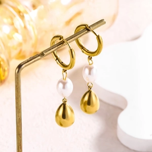 Vintage Stainless Steel Freshwater Pearl Water Drop Earrings For Women Gold Plated Elegant Jewelry Wedding Party Gift