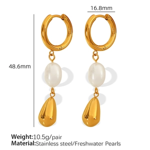 Vintage stainless steel drop earrings with white freshwater pearls and golden waterdrop charms