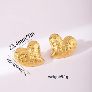 304 stainless steel heart stud earrings with waffle texture and size dimensions shown