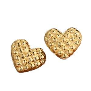 Polished gold heart stud earrings with vintage quilted diamond pattern in 304 stainless steel