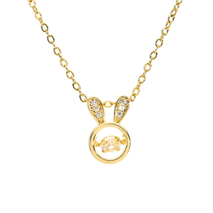 Magnifique collier lapin plaqué or 18k avec zircon étincelant et pierre dansante mobile