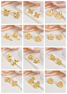 Detailed grid showing 12 pairs of 18K gold-plated irregular geometric stud earrings