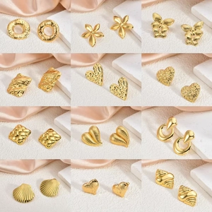 Vintage 18K Gold Plated Stainless Steel Geometric Stud Earrings For Women Irregular Hammered Heart Flower Butterfly Ear Jewelry