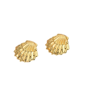 Irregular geometric fan shell stud earrings in polished 18K gold plated stainless steel