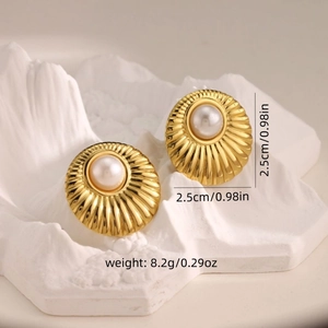 French style gold pearl earrings with radial sunburst metal texture and 2.5cm size