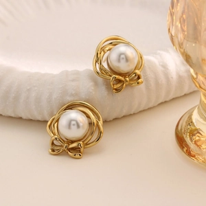 Orecchini a Bottone con Künstliche Perle in Acciaio Inossidabile Placcato Oro 18K Vintage Francese per Donna Gioielli Geometrici in Zirconia