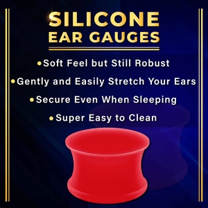 Detailed view of red silicone ear gauges showing the soft double-flared structure