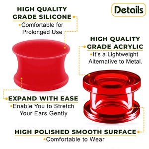 Red acrylic and silicone ear gauge set featuring a high-polished finish on a white background