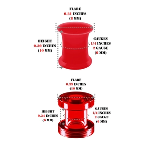 Detailed gauge size chart for red acrylic and silicone ear piercing tunnels and plugs