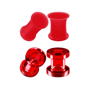 Detailed set of red acrylic ear tunnels and solid silicone ear gauges in four pieces