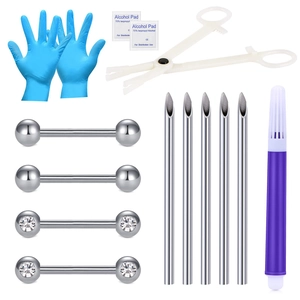 Kit Piercing Langue Acier Inoxydable Anneaux Haltères Aiguilles Pinces Gants Tampons Alcool Marqueur Bijoux De Corps