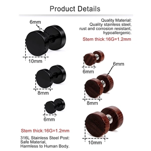 Set di 6 paia di orecchini a perno in acciaio inossidabile e legno da 6mm 8mm 10mm