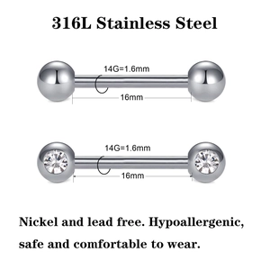Hypoallergenic 316L stainless steel barbell piercings with clear zircon and high polish