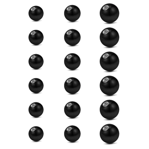 Macro view of eighteen black surgical steel replacement piercing balls with metal threads