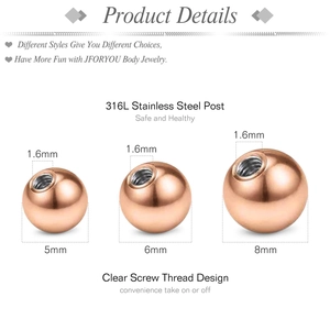 Detailed size chart of rose gold 316L stainless steel internally threaded piercing balls